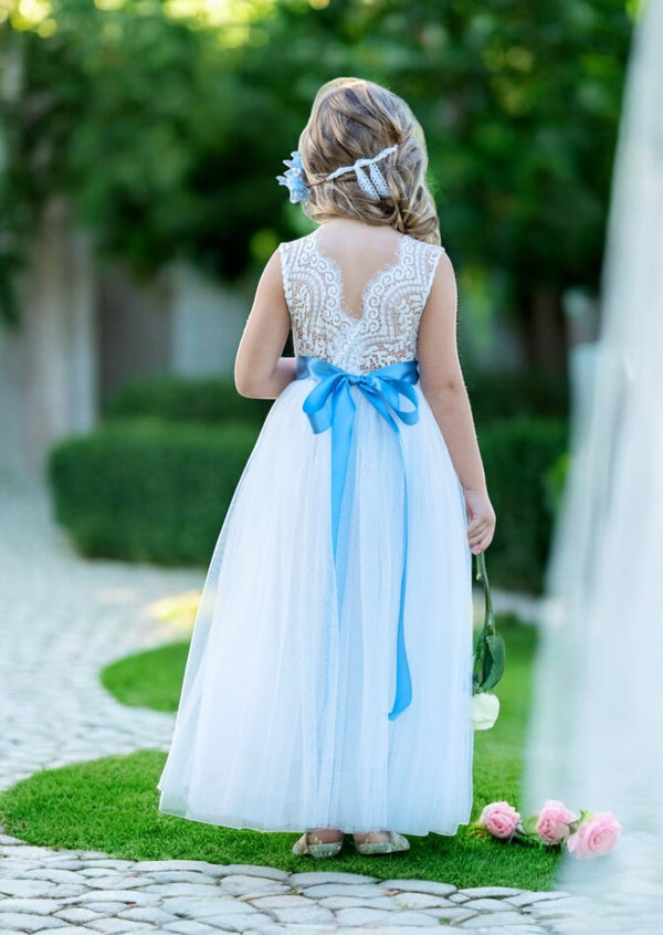 white lace sleeveless flower girl dress with Copenhagen sash