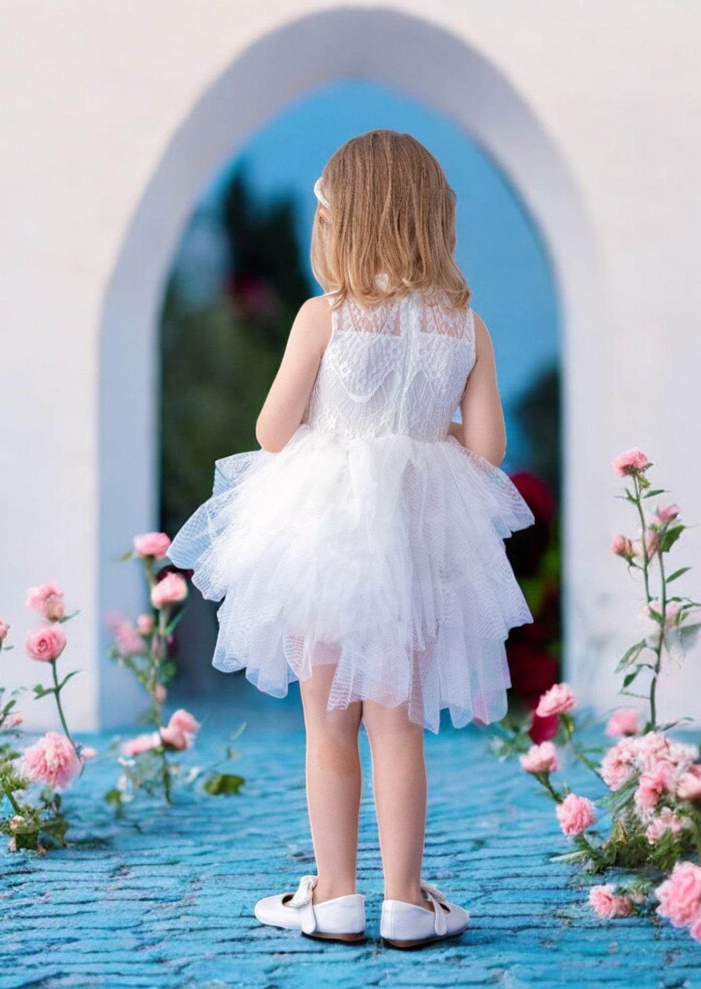 White Layered Tulle Knee Length Flower Girl Dress with Sash
