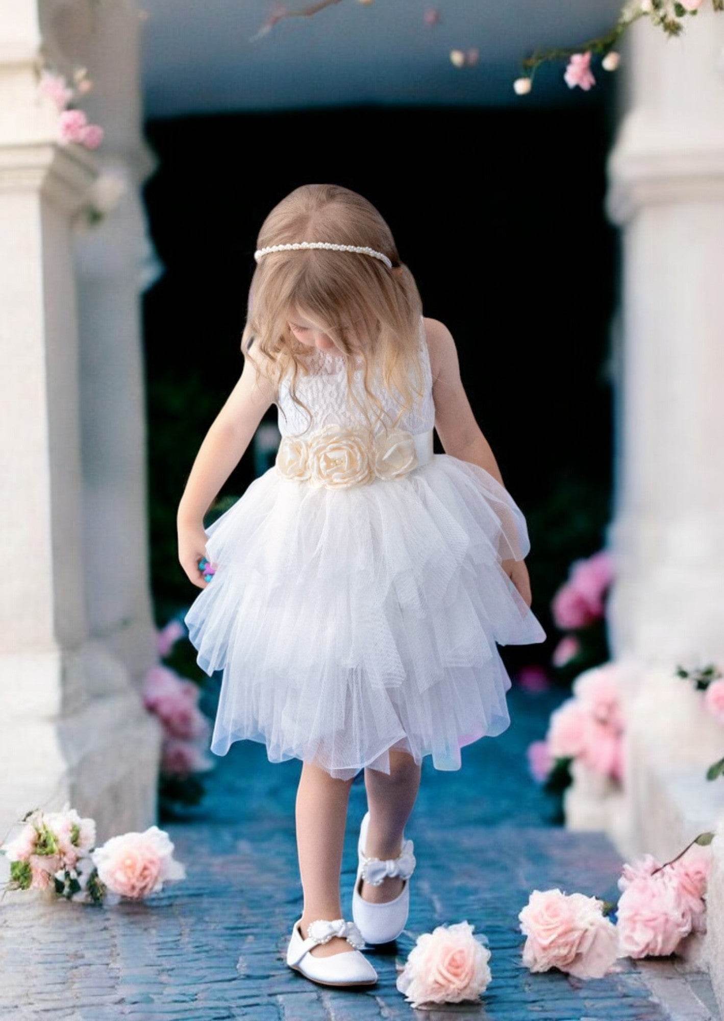 White Layered Tulle Knee Length Flower Girl Dress with Sash