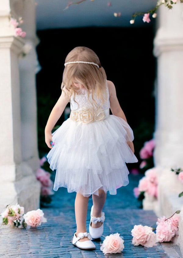 knee length layered flower girl dresses in white tulle with ivory flower sash