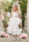 girls tea length white ruffle flower girl dresses