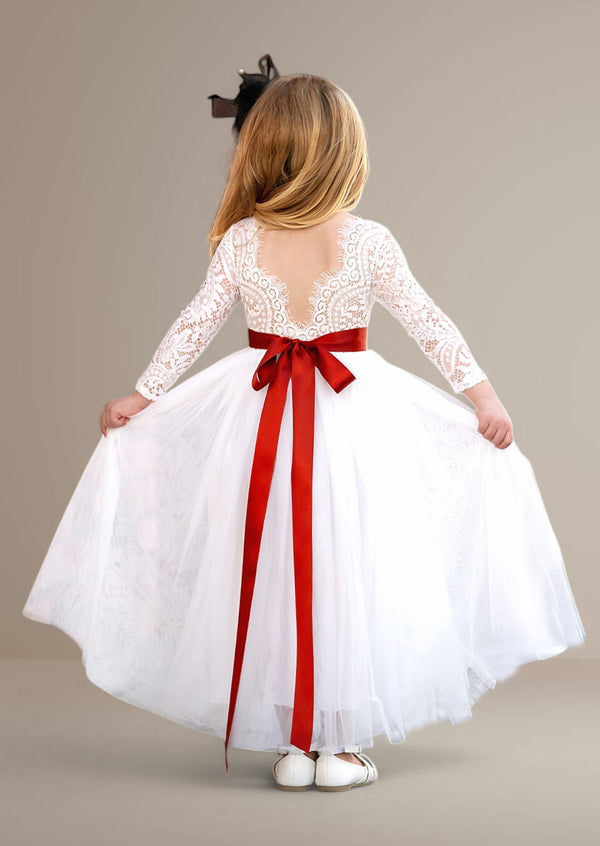 White tulle flower girl dresses with sleeves  and burgundy sash for toddlers