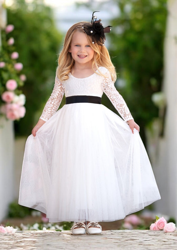 Black and Whtie tulle flower girl dress with black sash