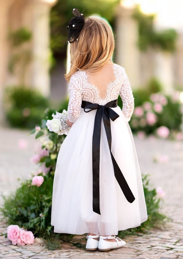 White flower girl dress for toddlers with black sash