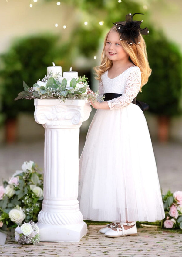 Classic White or Ivory Long Sleeve Tulle & Lace Flower Girl Dress