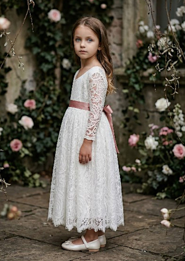 White Lace Flower Girl Dress with Sleeves - Elegant Lace Dresses