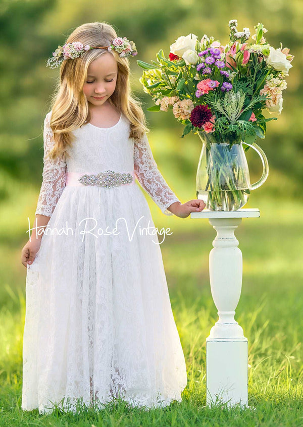 White Linen Dress for Girls, Rustic Flower Girl Dress, Flowergirl