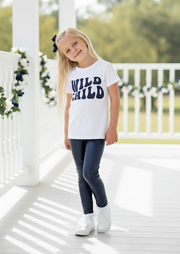 Wild Child Tee & Navy Faux Leather Trousers Set | Girls Outfits