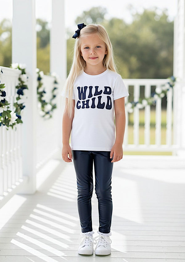 Wild Child Tee & Navy Faux Leather Trousers Set | Girls Outfits