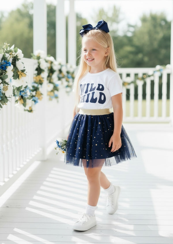Wild Child Tee & Navy Sparkle Tutu Set | Girls Cotton Tees & Outfits