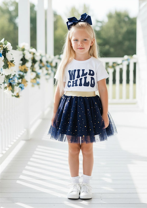 Wild Child Tee & Navy Sparkle Tutu Set | Girls Cotton Tees & Outfits