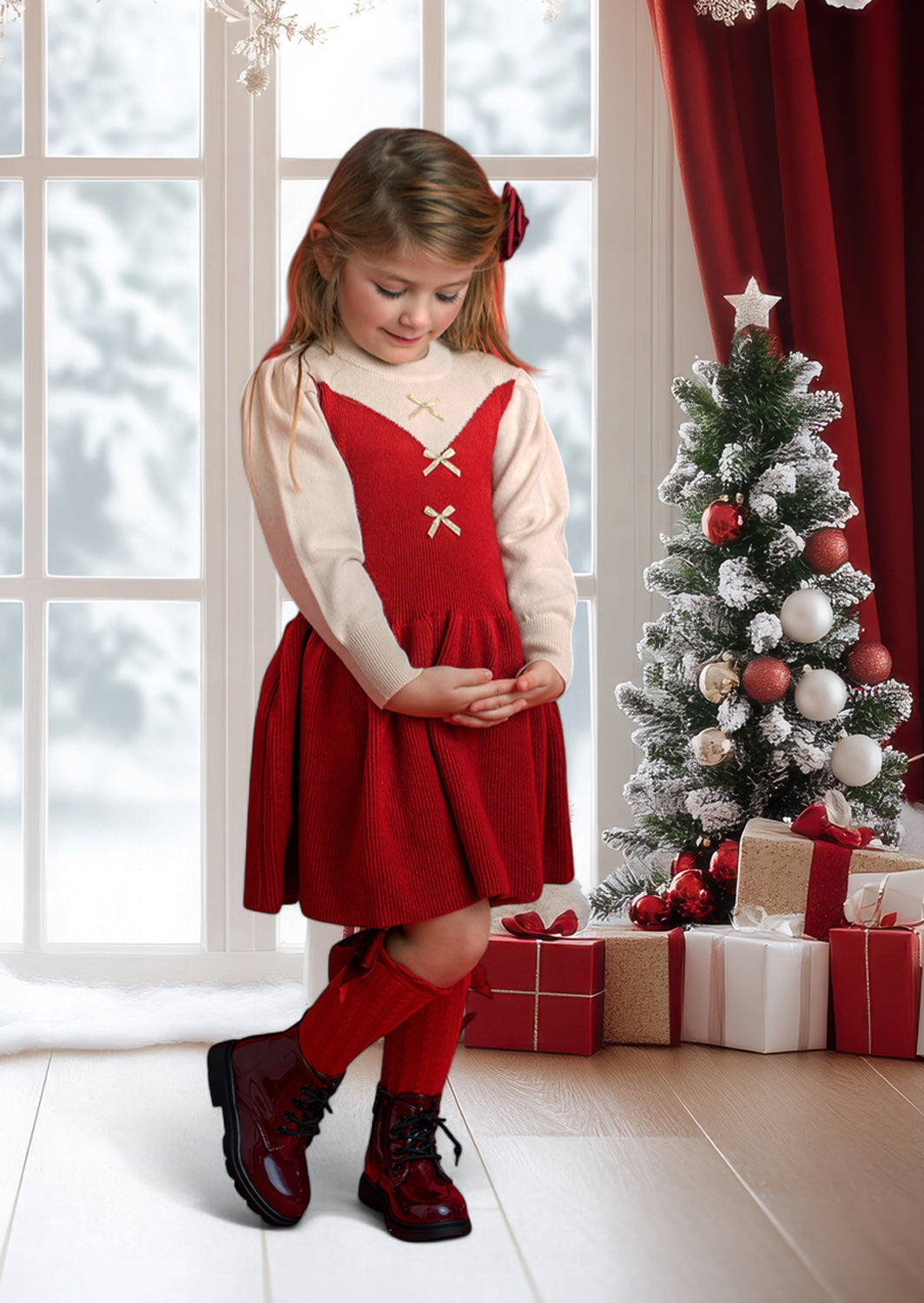 Toddler Girl Holiday Sweater Dress in deep red