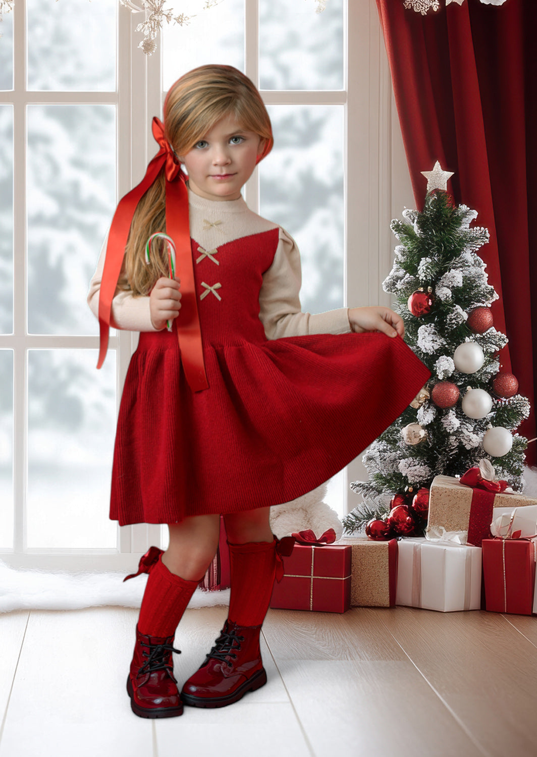 Toddler girl in a red Christmas dress with a Christmas tree and presents in the background