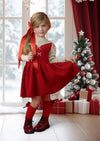 Toddler girl in a red Christmas dress with a Christmas tree and presents in the background