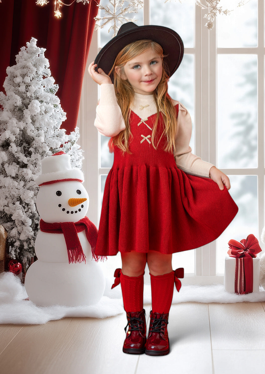Toddler Girl Holiday Sweater Dress in deep red