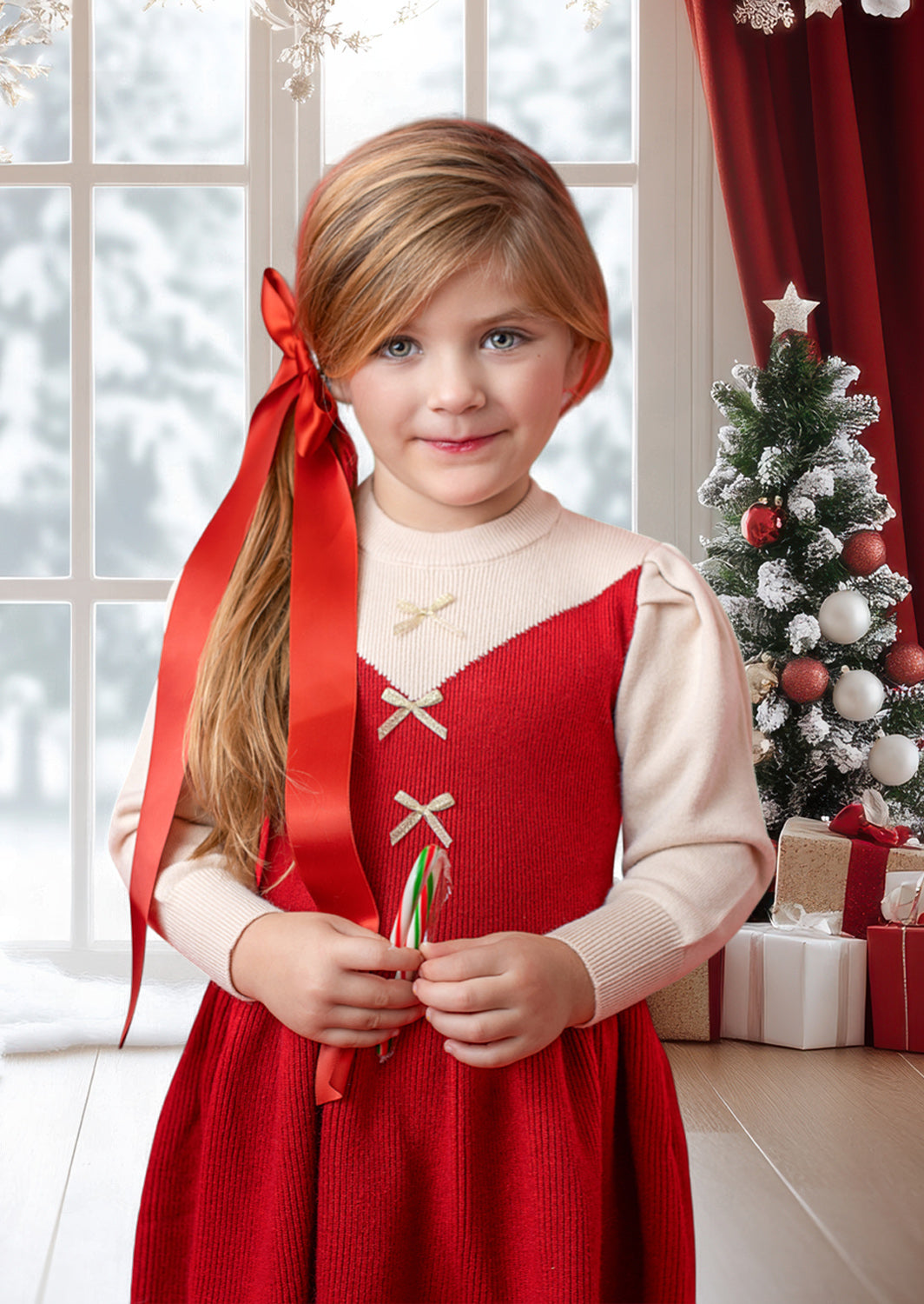 Young girl in a red dress with a large bow, holding candy canes, in a festive room with a Christmas tree and presents.
