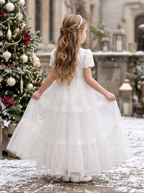 Winter Wishes White Dotted Swiss Girls Gown | Flower Girl Dresses