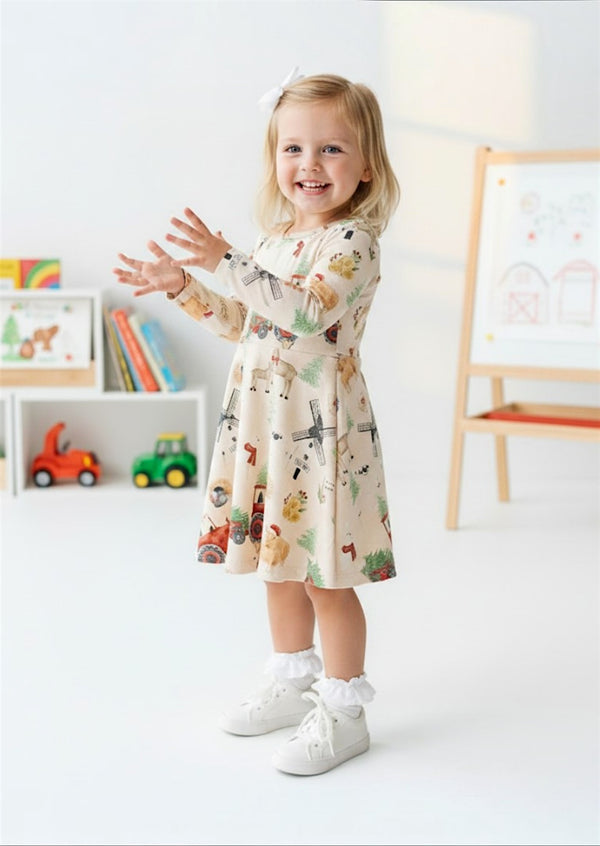 Winter Tractor Tree Farm Christmas Twirl Dress