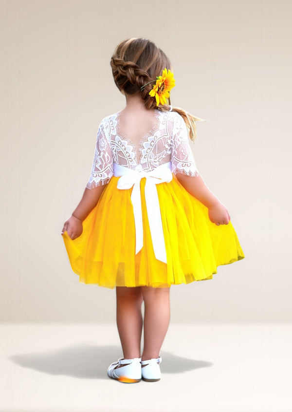 yellow and white flower girl dresses, knee length