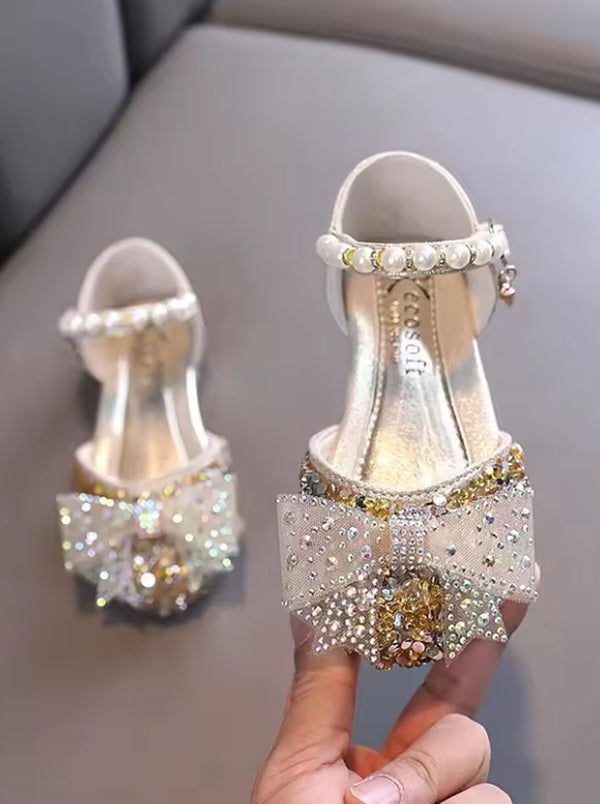 Girls Champagne Gold Beaded Bow Party Shoes | Girls Dress Shoes