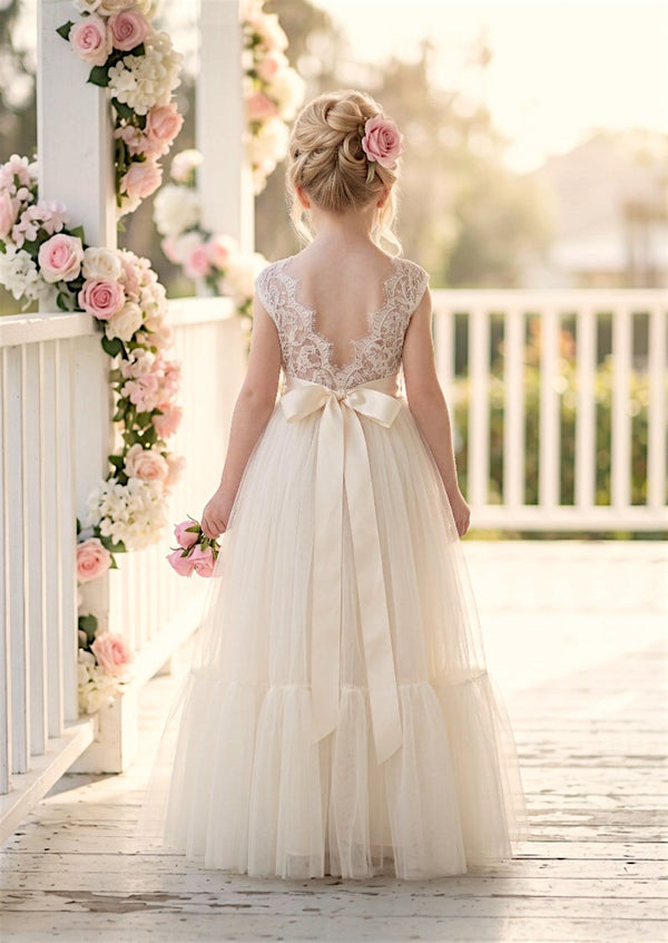 Allison Tulle & Lace Flower Girl Dress in Ivory - 
