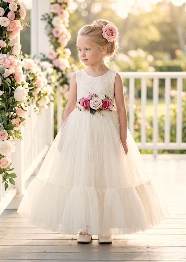 Allison Tulle & Lace Flower Girl Dress in Ivory - 