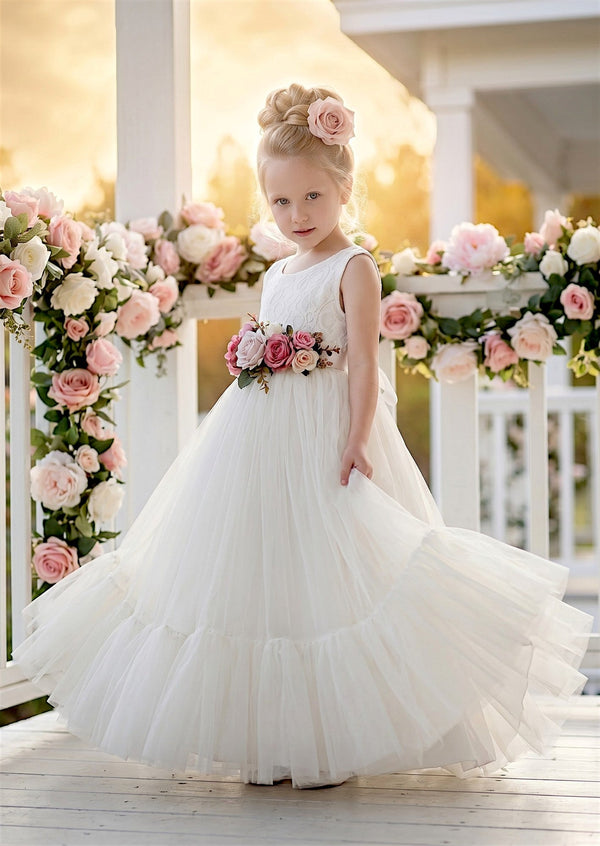 Allison Tulle & Lace Flower Girl Dress in White - 