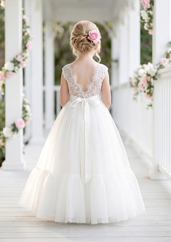 Allison Tulle & Lace Flower Girl Dress in White - 