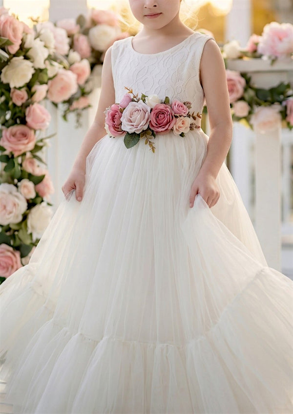 Allison Tulle & Lace Flower Girl Dress in White - 