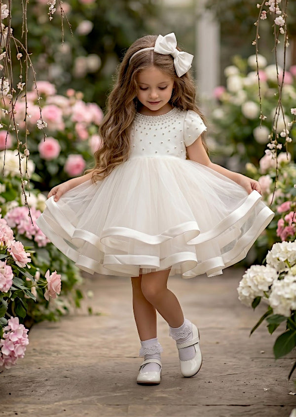 Girls White Satin and Mesh Flower Girl & Special Occasion Party Dress