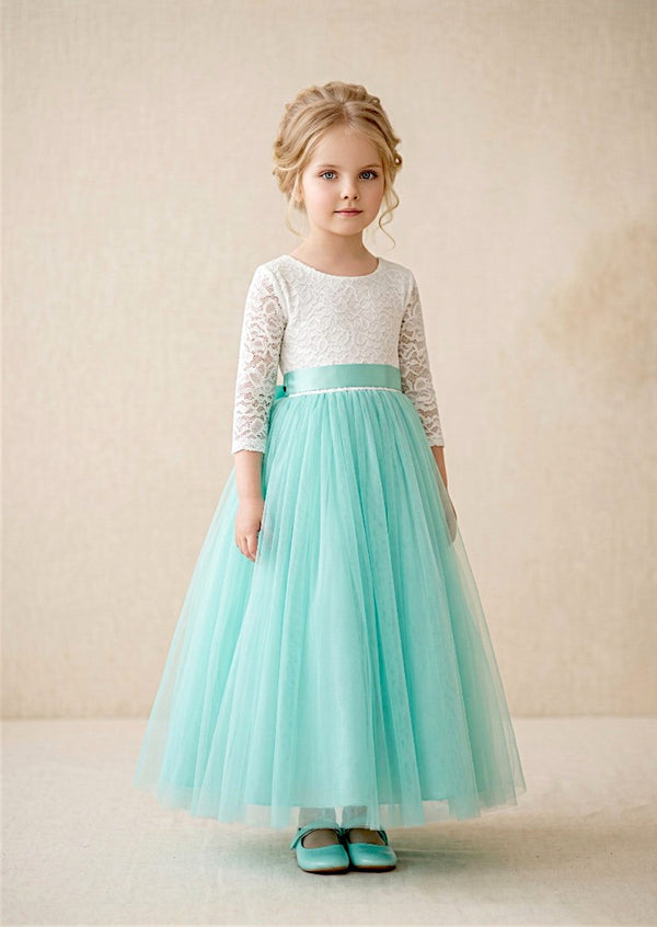 Aqua Long Sleeve Tulle & Lace Flower Girl Dress - 