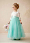 Aqua blue tulle Celine long sleeve flower girl dress with lace bodice and feathered V-lace back.