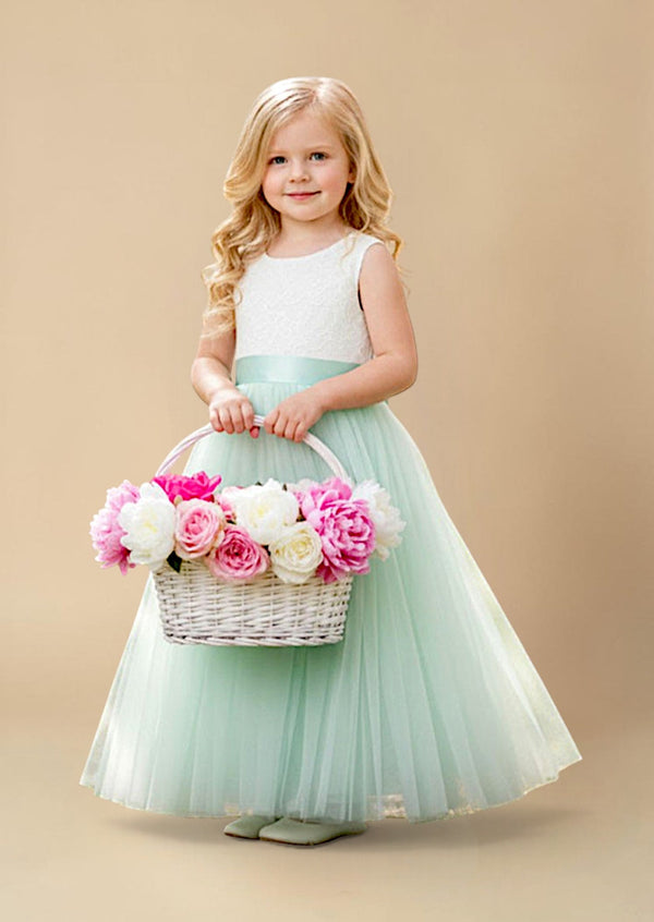 Aqua Sleeveless Tulle & Lace Flower Girl Dress - 