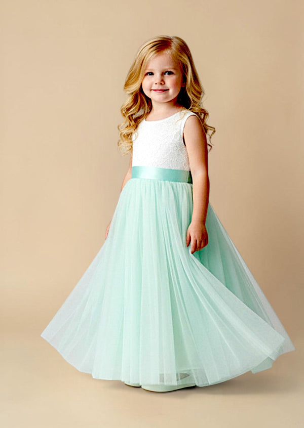 Aqua Sleeveless Tulle & Lace Flower Girl Dress - 