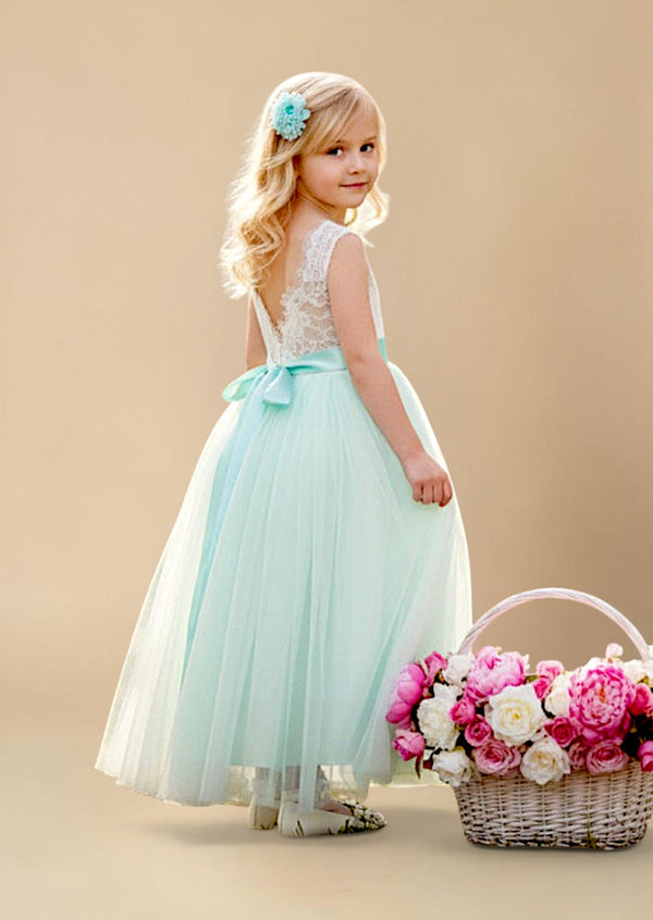 Aqua Sleeveless Tulle & Lace Flower Girl Dress - 