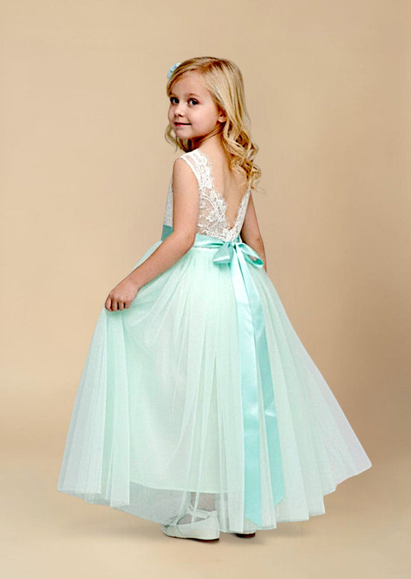 Aqua Sleeveless Tulle & Lace Flower Girl Dress - 
