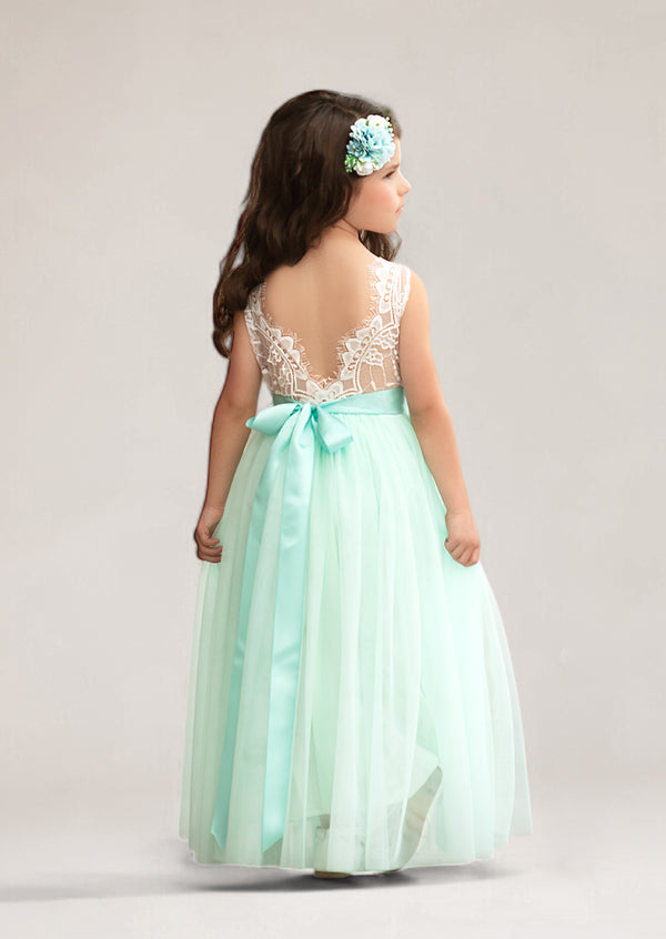 Aqua tulle and lace sleeveless toddler flower girl dress in aqua