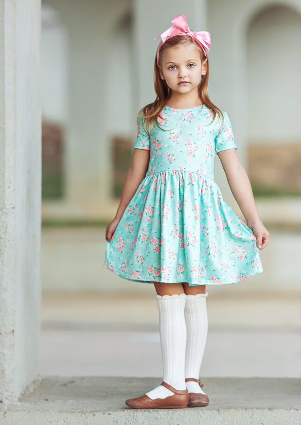 Charlotte Dress in Bright Blue with Roses