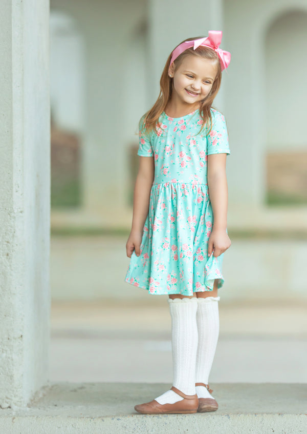 Charlotte Dress in Bright Blue with Roses