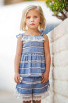 Kids wearing Arizona Blue Shorts Set with blue and white striped top and lace-trimmed shorts