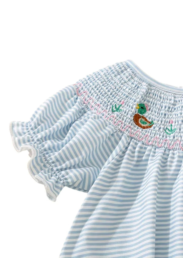 Baby Ducks Smocked Romper || Blue - 