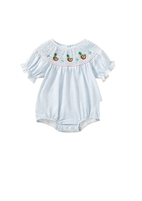 Baby Ducks Smocked Romper || Blue - 