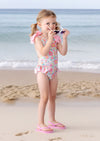Girls’ Baby Toddler & Girls Pink floral swimsuit with pink forget‑me‑nots, bows, and cross‑back straps