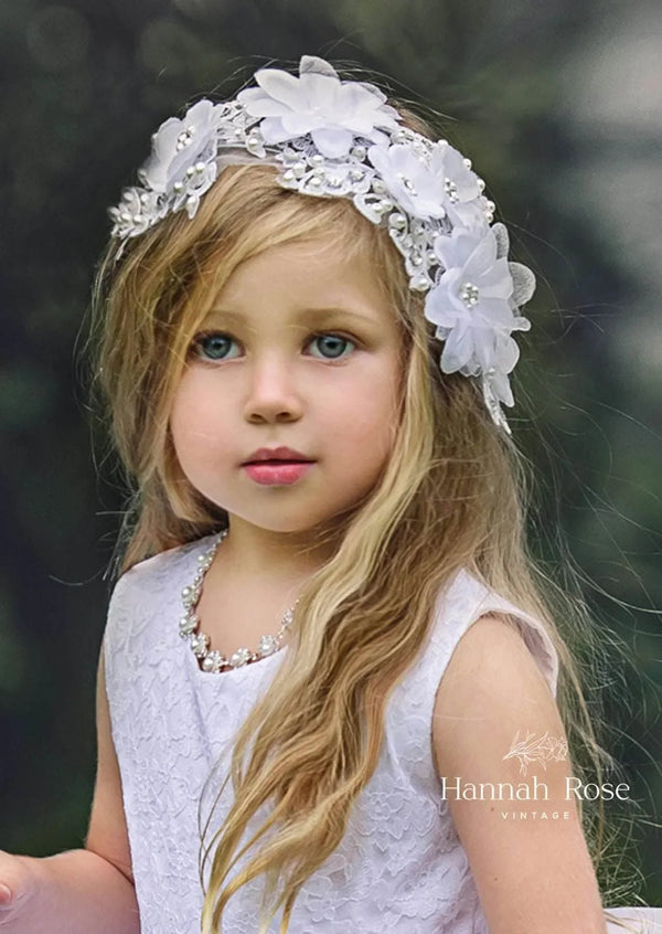 Beaded Bridal Flower Girl Hair Piece in White - 