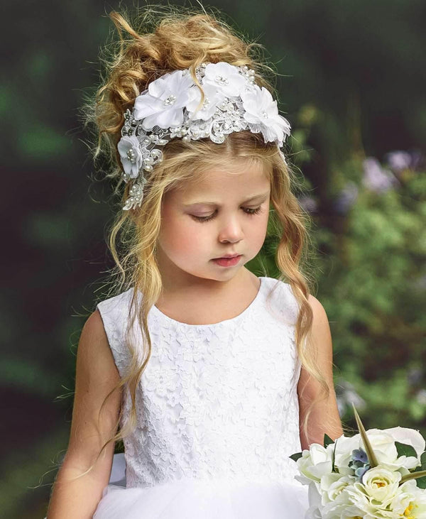 Beaded Bridal Flower Girl Hair Piece in White - 