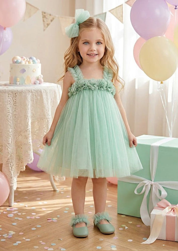 Bean Green Tulle Dress for Girls Floral Strap Party Dress Bean Green Tulle Dress for Girls Floral Strap Party Dress