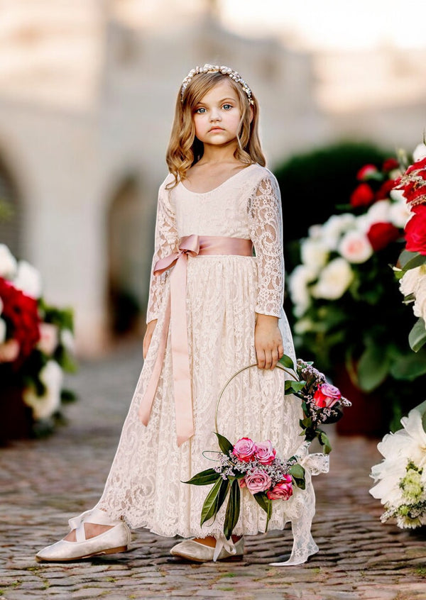 lace flower girl dresses, ivory with mauve sash for toddlers