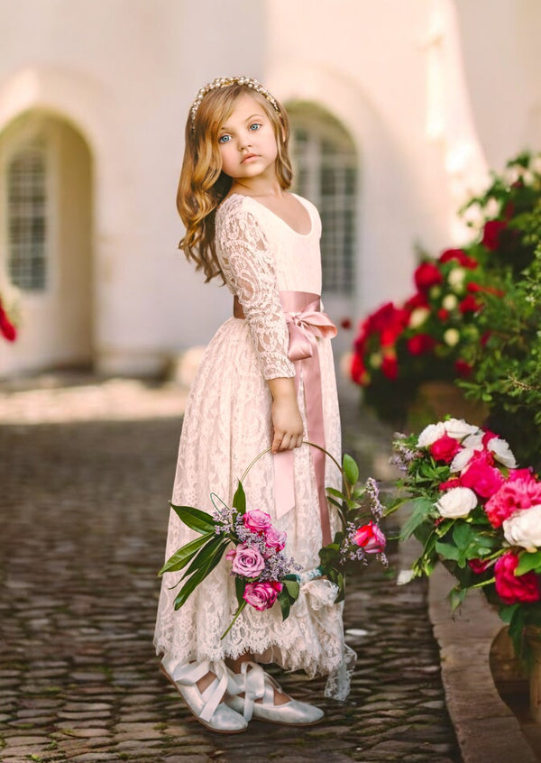 ivory lace flower girl dresses with antique mauve sash