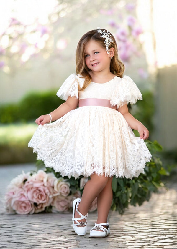 Ivory or White Knee Length Lace Special Occasion Flower Girl Dress