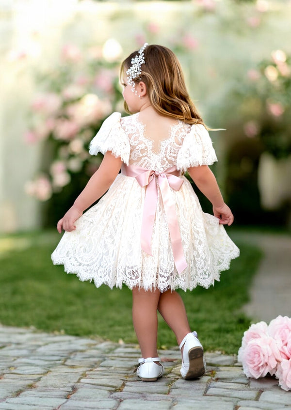 Ivory or White Knee Length Lace Special Occasion Flower Girl Dress